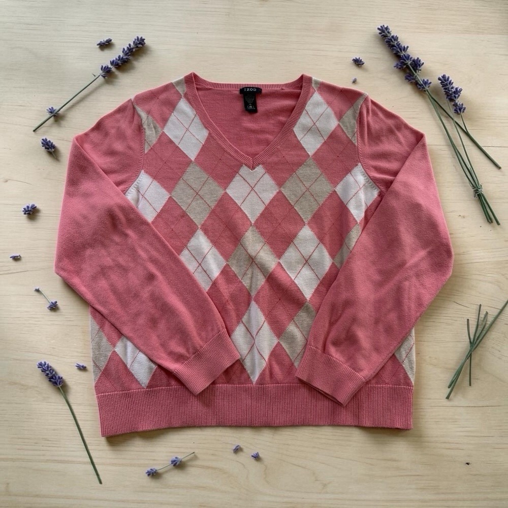 IZOD Pink Argyle Sweater Womens XL V-neck Long Sleeve Preppy Tennis Knit Cotton
